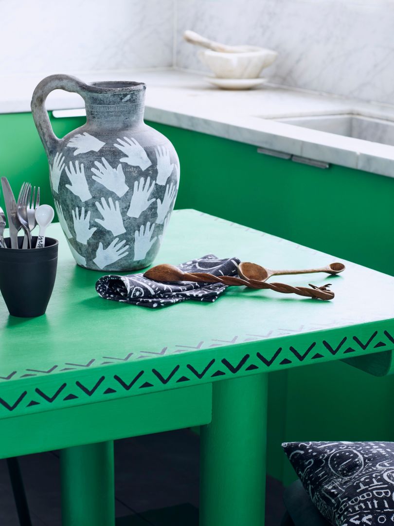 Annie Sloan - Kitchen - Chalk Paint in Antibes Green with Valeska stencil, Hands stencil on jug, fabric in Tacit 