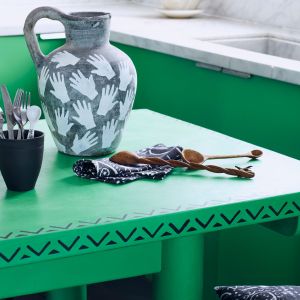 Annie Sloan - Kitchen - Chalk Paint in Antibes Green with Valeska stencil, Hands stencil on jug, fabric in Tacit 