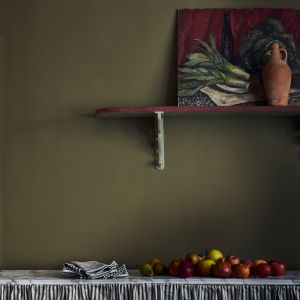 Annie Sloan - Kitchen - Chalk paint in Olive, Chateau Grey and Primer Red shelf, Ticking in Olive curtain - Lifestyle - Portrait