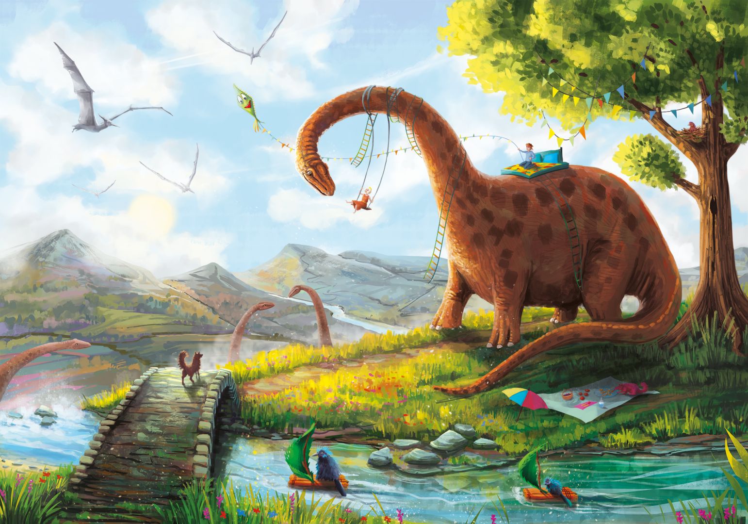 Tapeta Huśtozaur przedstawia alternatywny świat, gdzie ludzie i dinozaury żyją w zgodzie; na podkładach ekologicznych, bezpiecznych dla dziecka; nowoczesny druk lateksowy na bazie wody. Fot. Lajka Studio