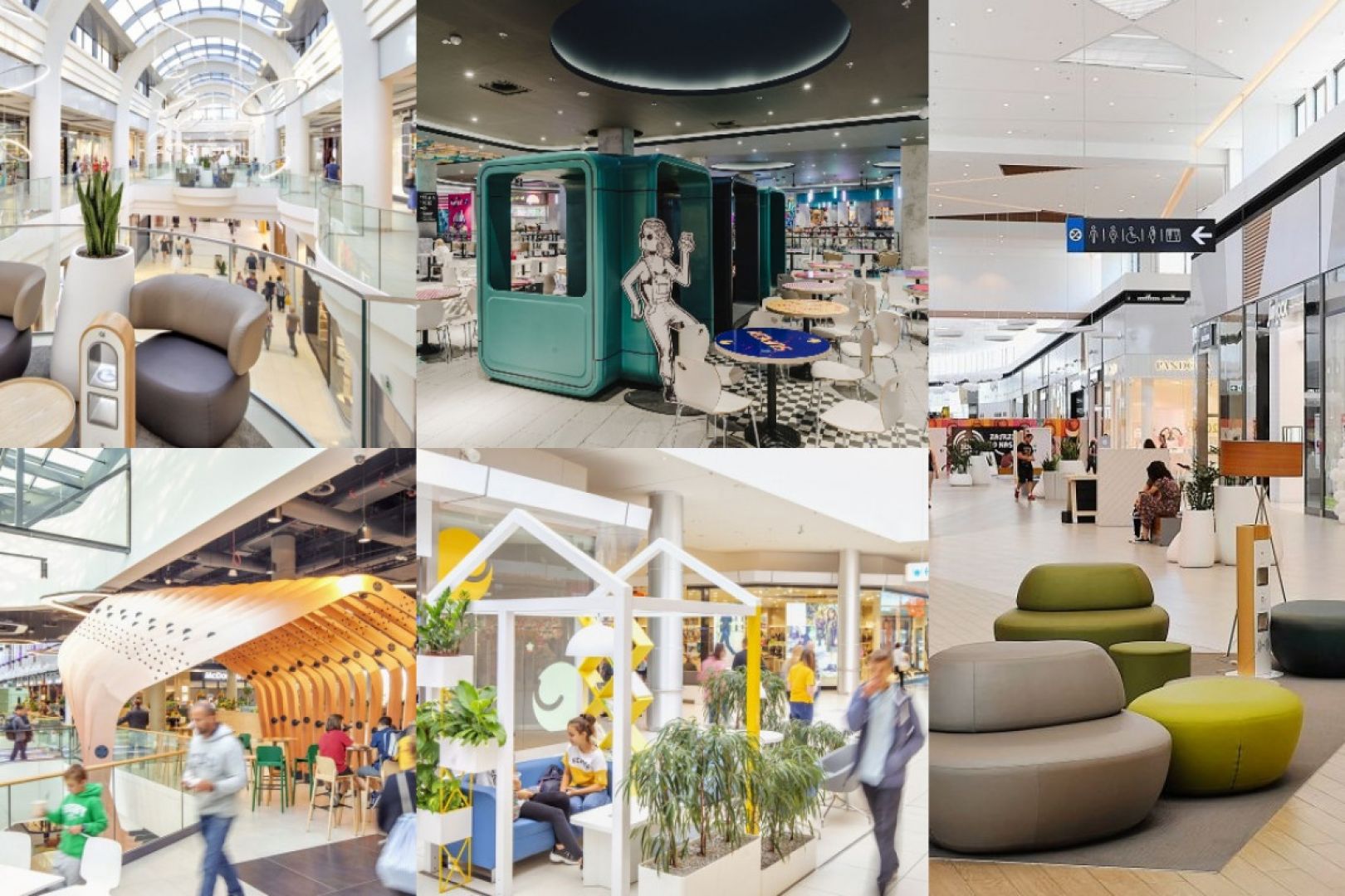 Na zdjęciu (od lewej, góra-dół): Poznań Plaza, Galeria Młociny w Warszawie, Foodstacja w Pasażu Grunwaldzkim we Wrocławiu, Nowe Czyżyny w Krakowie, Centrum Janki