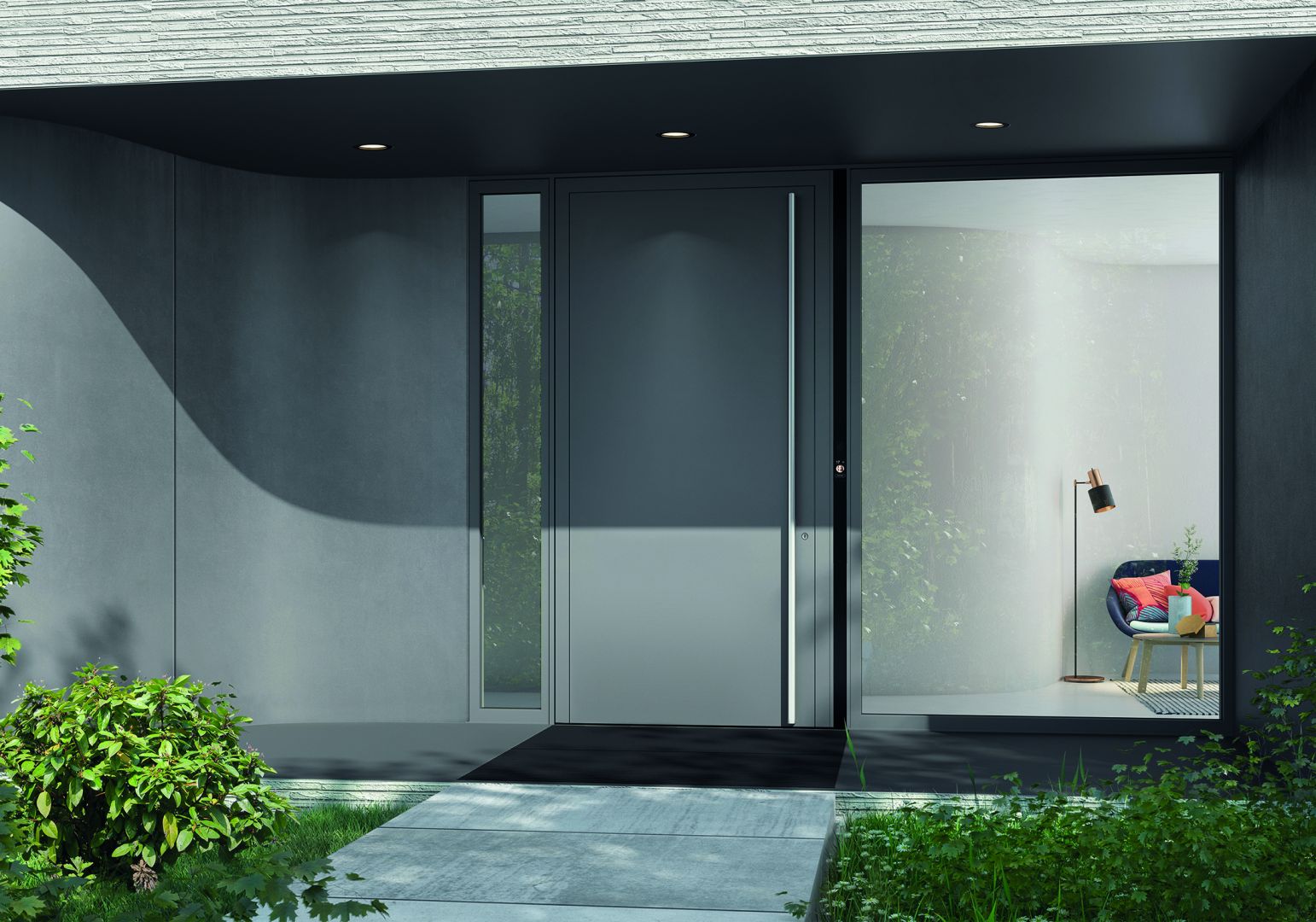 Drzwi Schüco AD UP 90 z obustronnym aluminiowym panelem i modułem dotykowym DCS SmartTouch. Fot. Schüco