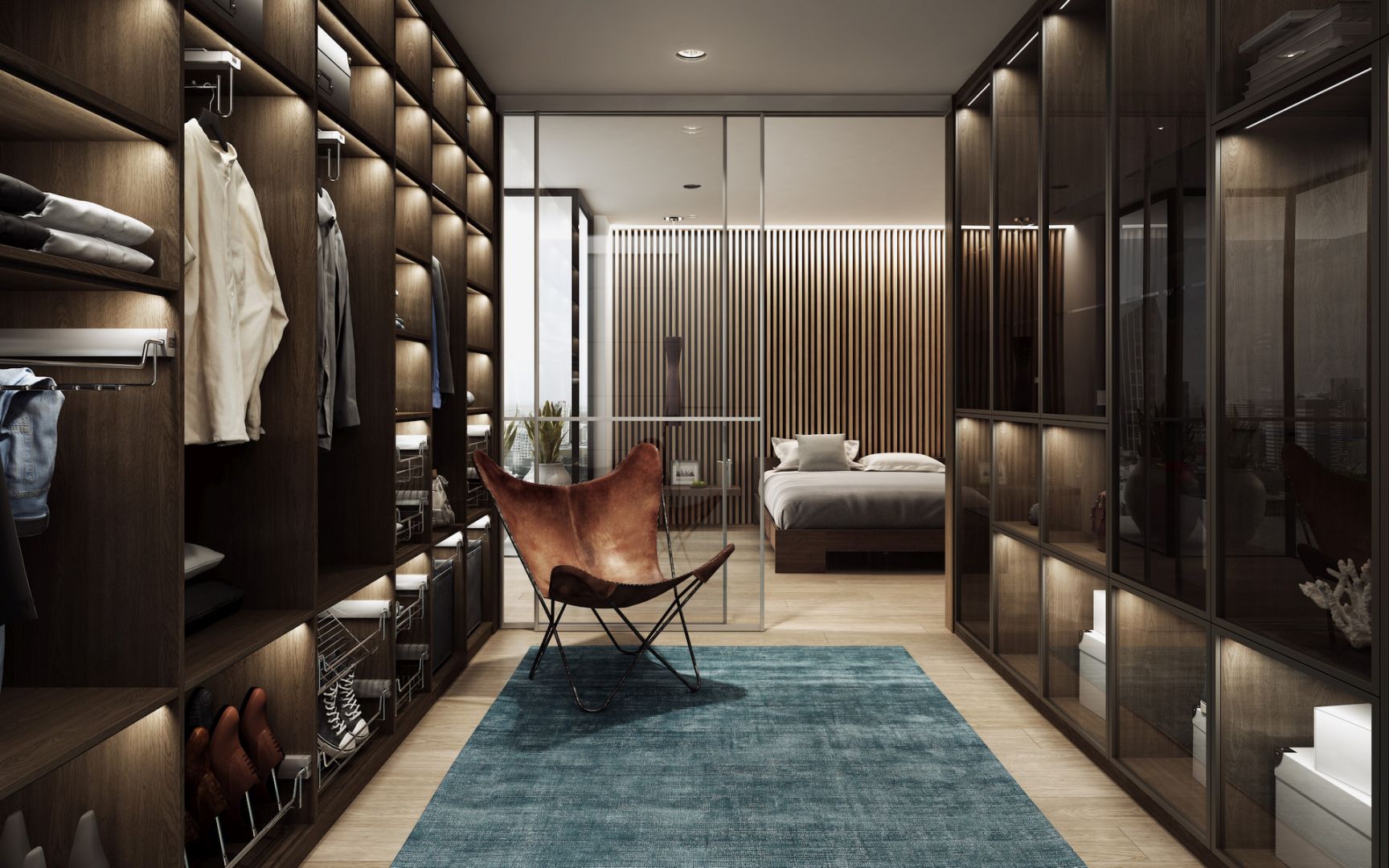 Garderoba inspirowana walk-in closet to miejsce, przechowywania ubrań i domowa przymierzalnia. Fot. Komandor