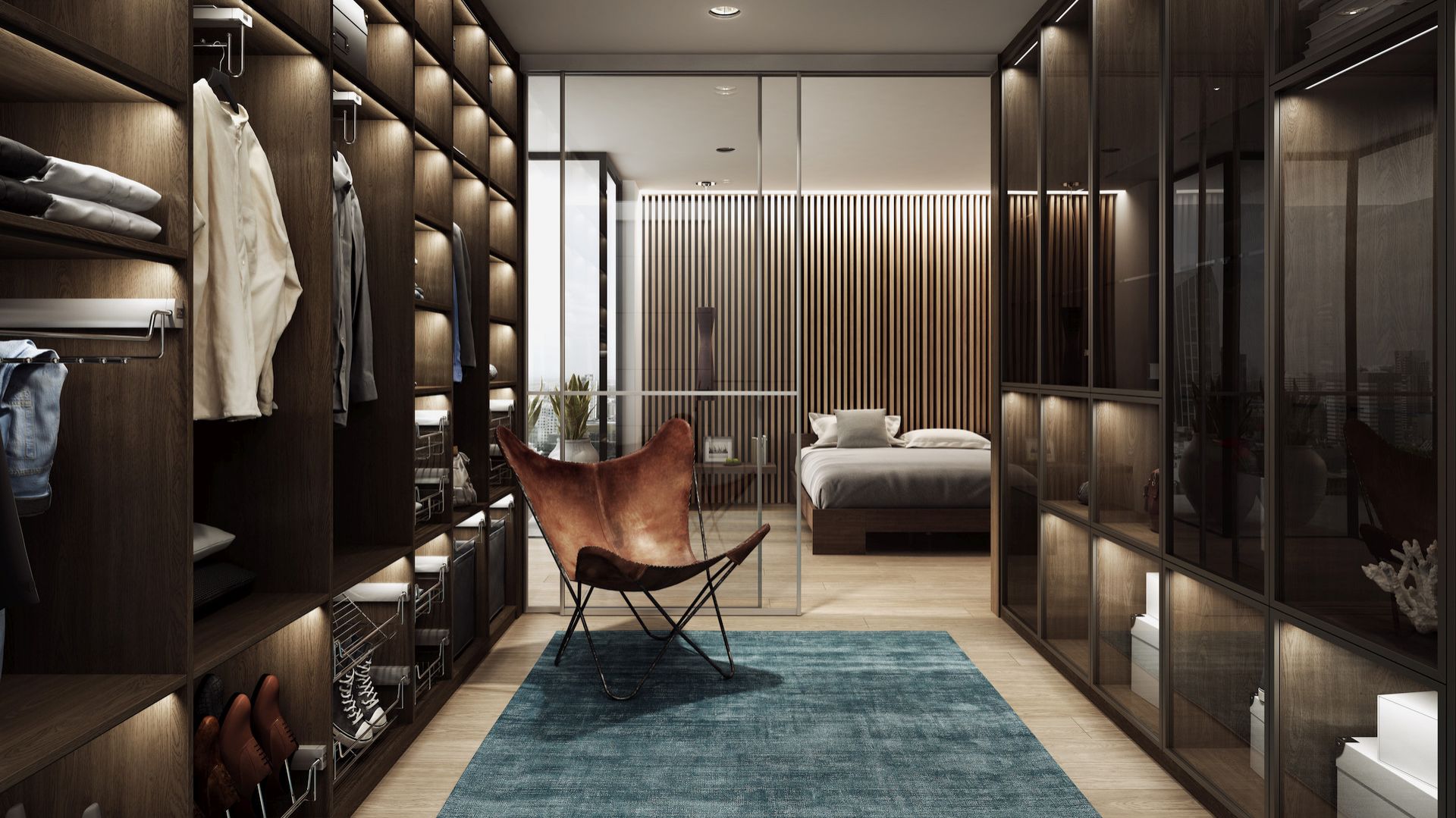 Garderoba inspirowana walk-in closet to miejsce, przechowywania ubrań i domowa przymierzalnia. Fot. Komandor