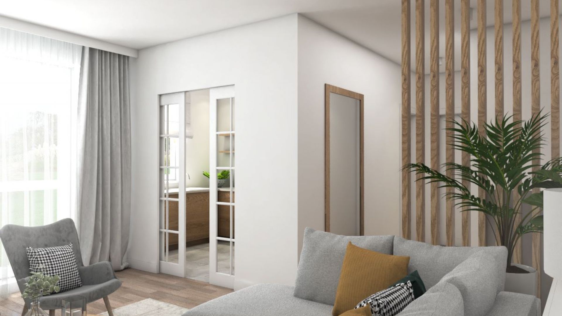 Przesuwane, niemal całkowicie przeszklone drzwi łączą optycznie kuchnię z pokojem. Projekt i zdjęcia: Pracownia Architektoniczna MGN