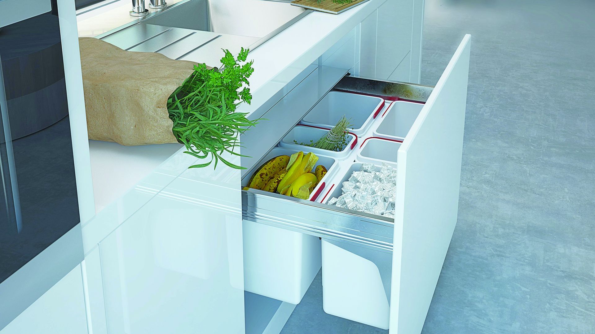 Akcesoria meblowe do kuchni. Szuflada Comfort Box z pojemnikami na odpady. Fot. Rejs