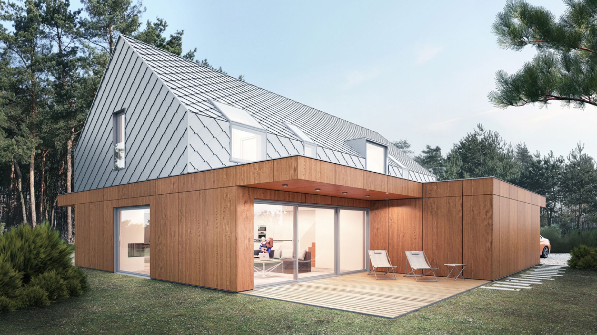 Architekci zaprojektowali dom w formie „nowoczesnej stodoły” z dwuspadowym dachem, postawiony na parterowym, drewnianym „pudełku” z płaskim dachem. Projekt: Magdalena Gierczak, Zbigniew Gierczak