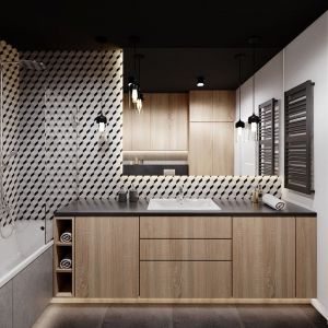 Płytki w geometryczne wzory to gres Keros Barcelona Cube (95 zł/m2, Terradeco). Projekt Justyna Krupka, studio projektowe Przestrzenie