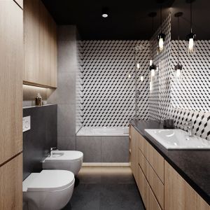 W łazience zastosowano płytki gresowe w jasnym i ciemnym kolorze. (Ceramika Paradyż, kolekcja Chromatic, 60 zł/ m2). Projekt Justyna Krupka, studio projektowe PrzestrzenieProjekt Justyna Krupka, studio projektowe Przestrzenie