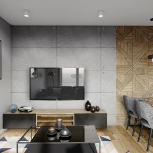 Na ścianie w salonie: płyty elewacyjno-dekoracyjne w stylu surowego betonu, 85 zł za płytę 100x50 cm/Sol Tech Design oraz drewnopodobne płytki Tangram Wood Oak od Carrea, ok. 95 zł/m2. Projekt Justyna Krupka, studio projektowe Przestrzenie