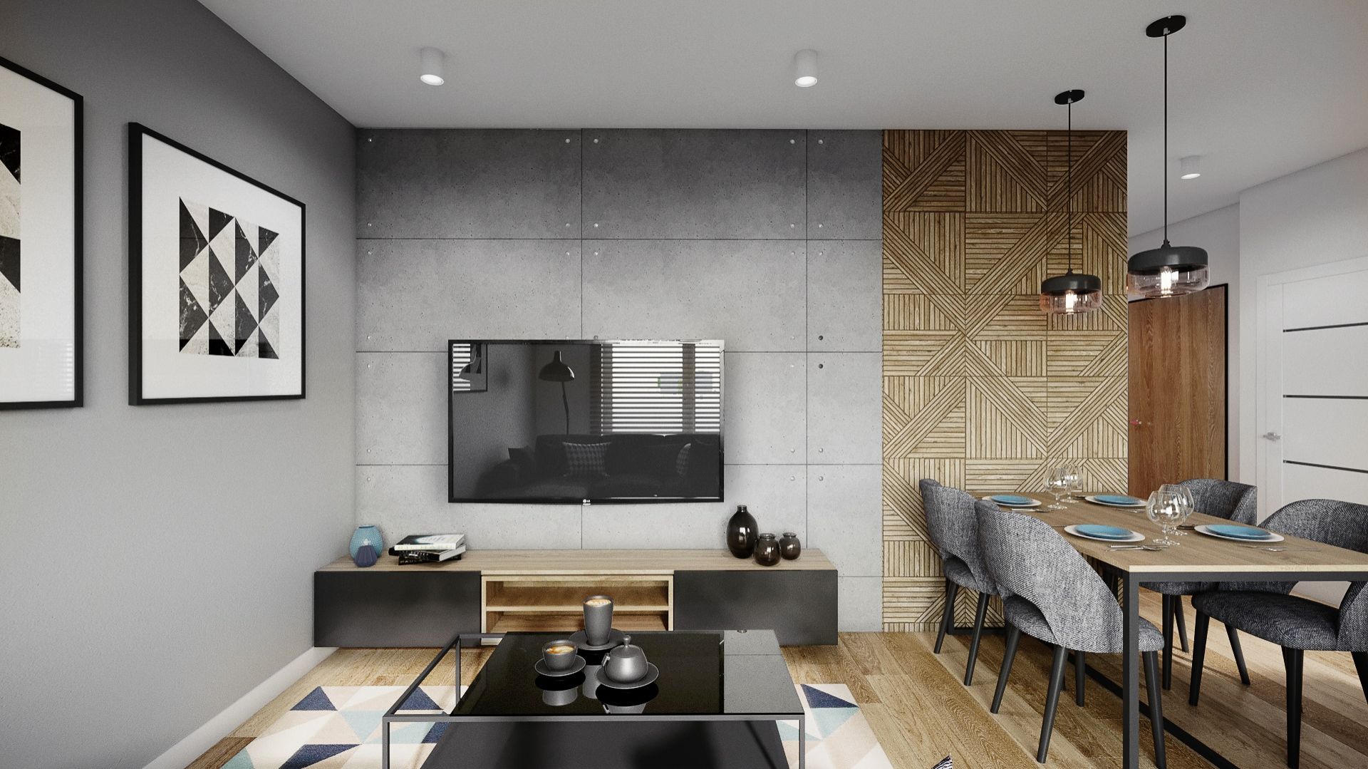 Na ścianie w salonie: płyty elewacyjno-dekoracyjne w stylu surowego betonu, 85 zł za płytę 100x50 cm/Sol Tech Design oraz drewnopodobne płytki Tangram Wood Oak od Carrea, ok. 95 zł/m2. Projekt Justyna Krupka, studio projektowe Przestrzenie