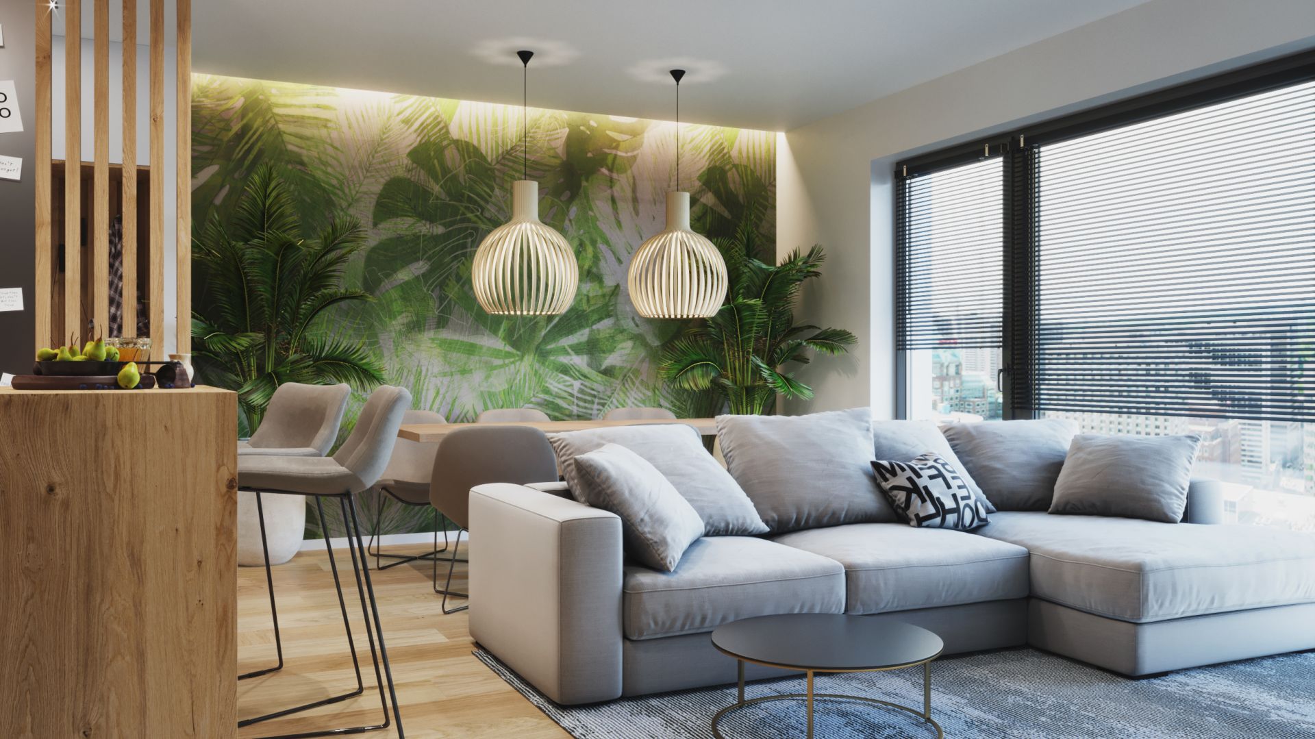W otwartej strefie dziennej znajduje się salon, jadalnia, otwarta kuchnia oraz oddzielony delikatna, ażurową ścianką przedpokój. Projekt: Marta Kilan, Anna Kapinos, Tomasz Słomka, Pracownia TOKA + HOME. Fot. Radosław Sobik
