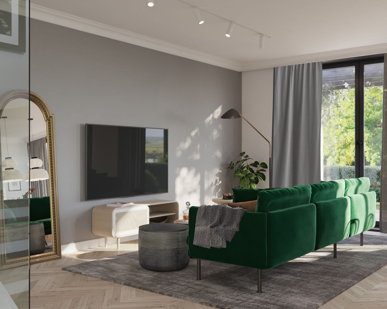 Strefa wypoczynku zogniskowana jest wokół telewizora. Zielona kanapa to mocny akcent stylistyczny. Projekt Marcin Dekor x Loft Factory