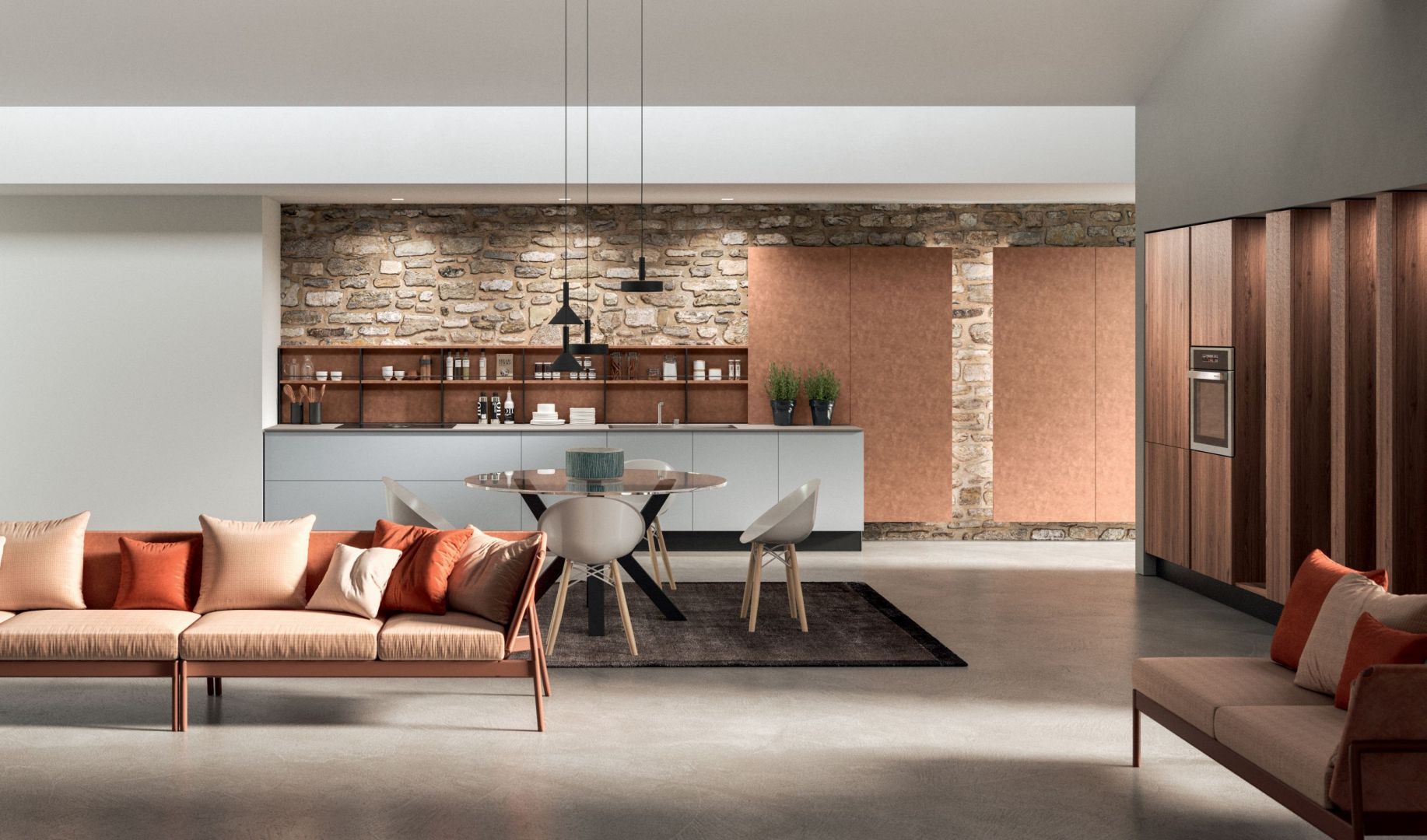 Na tle kuchni pięknie prezentuje się minimalistyczna w formie kolorowa sofa. Fot. ARAN Cucine Penelope