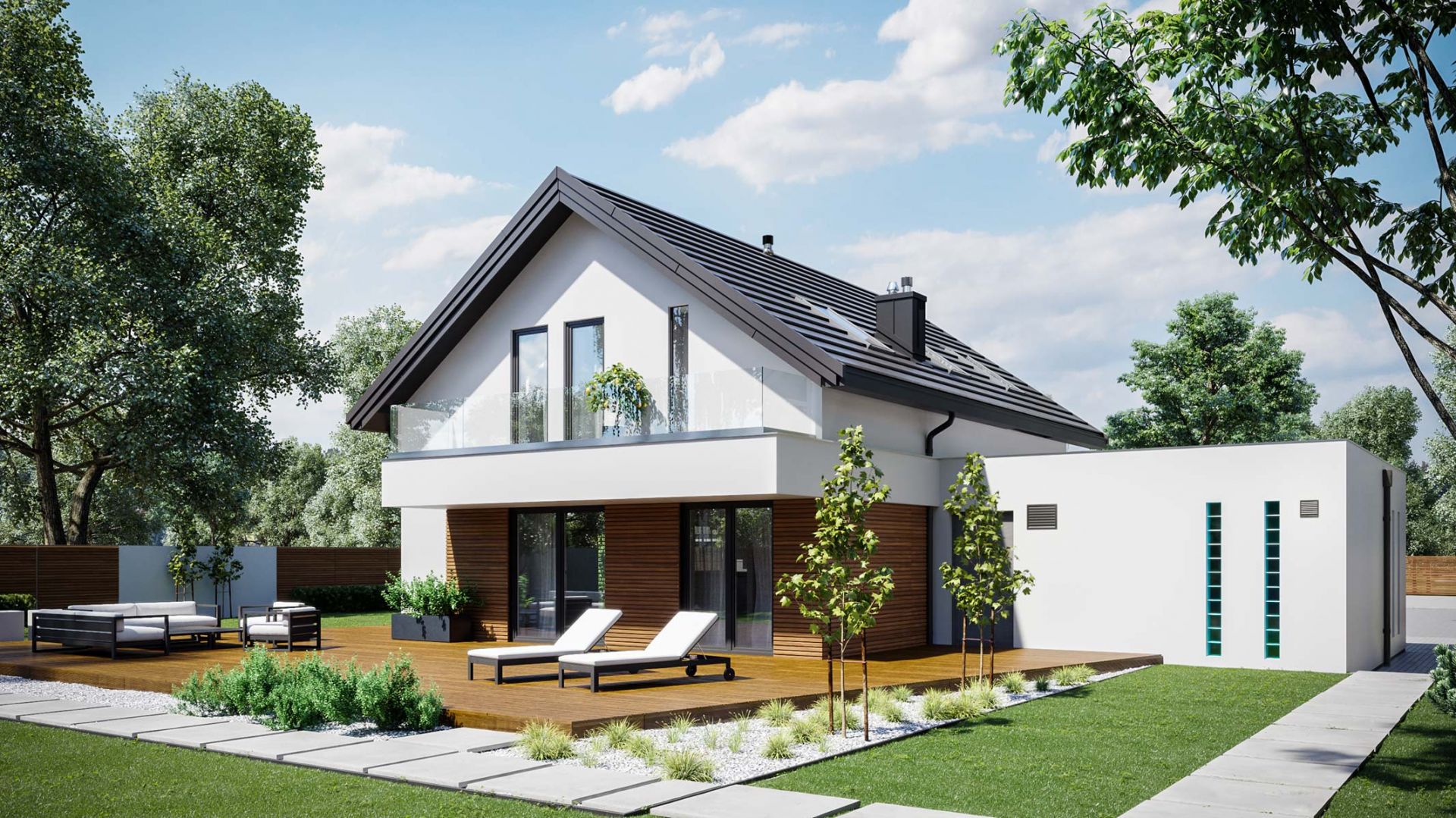 HomeKONCEPT 72 G2 to nowoczesny dom z poddaszem użytkowym i z garażem. Szacunkowy koszt budowy: 249.783 zł (stan surowy zamknięty). Projekt wykonano w Pracowni HomeKONCEPT