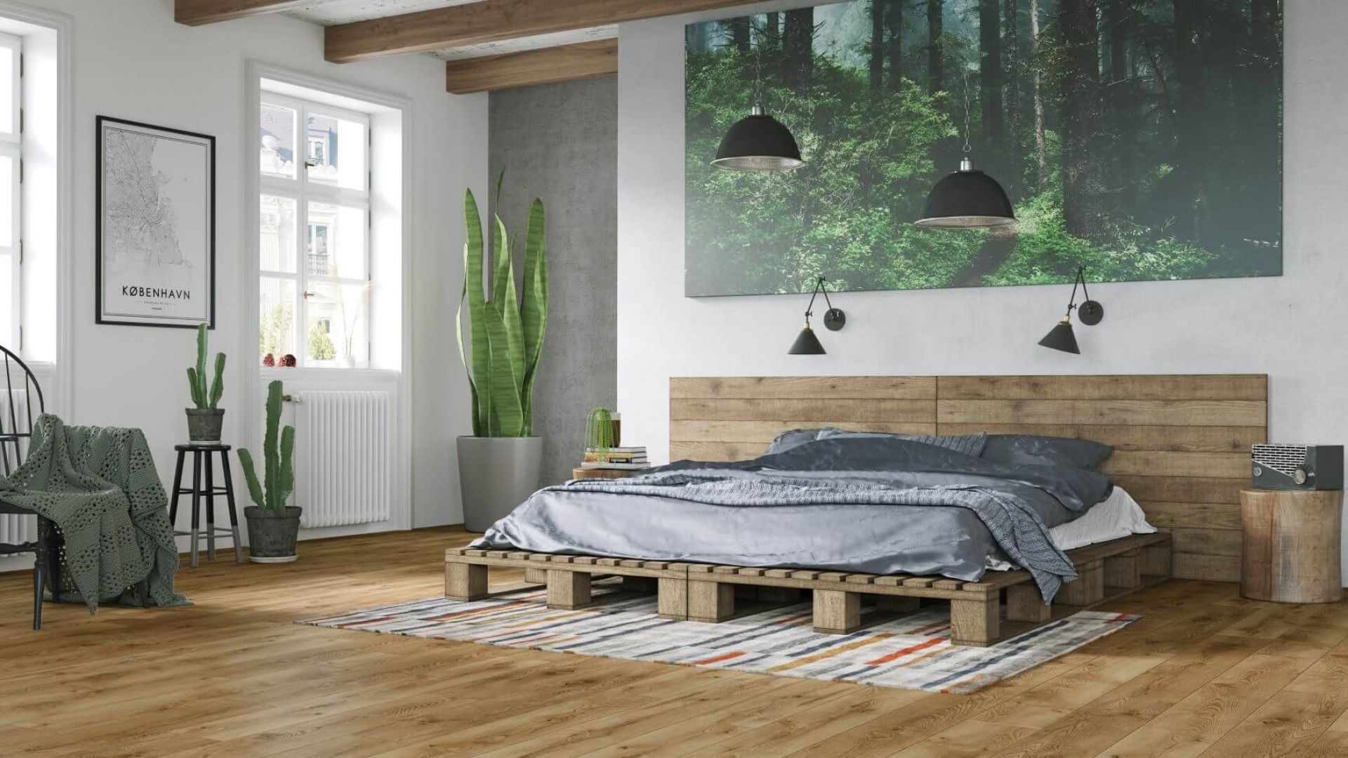 Łóżko z palet to must-have aranżacji w stylu eko. Na zdjęciu panele wodoodporne Vision 4V Dąb Anthabasca od RuckZuck. Cena Ok. 118 zł za mkw.