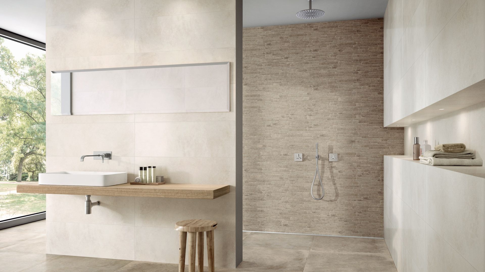 Podstawowe elementy ścienne dostępne są w dwóch rozmiarach oraz dwóch wersjach kolorystycznych – 30 x 60 cm i 33 x 100 cm w odcieniach white-grey i beige. Natomiast płytki podłogowe zostały zaprojektowane w rozmiarach: 30 x 30 cm, 30 x 60 cm, 60 x 60 cm, 80 x 80 cm i 40 x 80 cm.