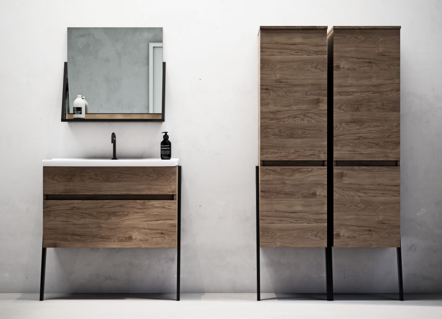 Kolekcja mebli łazienkowych Op-arty decor Rockford oak marki Defra. Cena od 1.020 zł/ szafka pod umywalkę 60 cm biała
