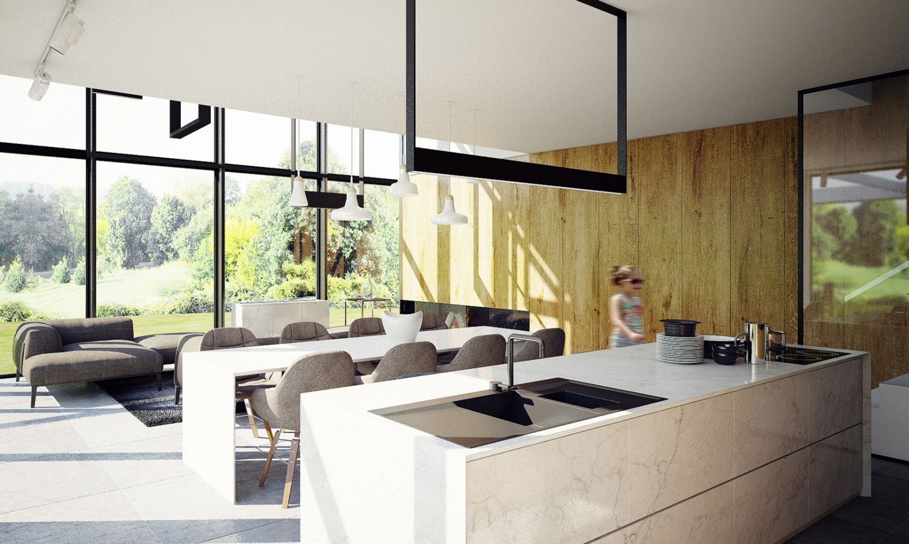 Minimalistyczna aranżacja podkreśla urodę natury na zewnątrz. Projekt wnętrza: Adam Zwierzyński i Anna Porębska z pracowni MUS Architects