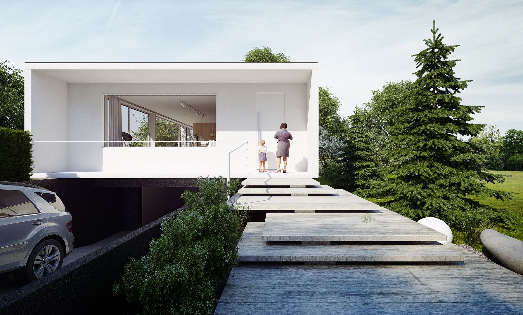 Budynek ma formę jednokondygnacyjnego modernistycznego pawilonu z wysuniętymi gzymsami i balkonem oraz dużymi przeszkleniami. Dom Pod Lasem. Projekt: Anna Porębska, Adam Zwierzyński, MUS Architects