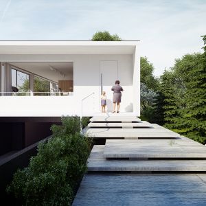 Budynek ma formę jednokondygnacyjnego modernistycznego pawilonu z wysuniętymi gzymsami i balkonem oraz dużymi przeszkleniami. Dom Pod Lasem. Projekt: Anna Porębska, Adam Zwierzyński, MUS Architects