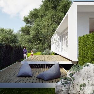 Z tarasu roztacza się widok na las. Dom Pod Lasem. Projekt: Anna Porębska, Adam Zwierzyński, MUS Architects
