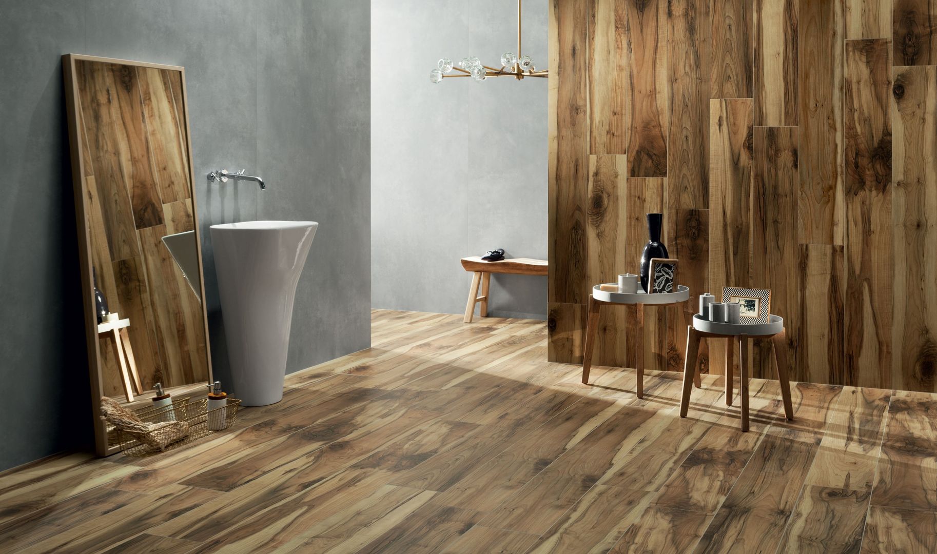 Kolekcja Wood Land Brown marki Korzilius w połączeniu z płytką wielkoformatową z kolekcji Epoxy Graphite. Fot. Tubądzin