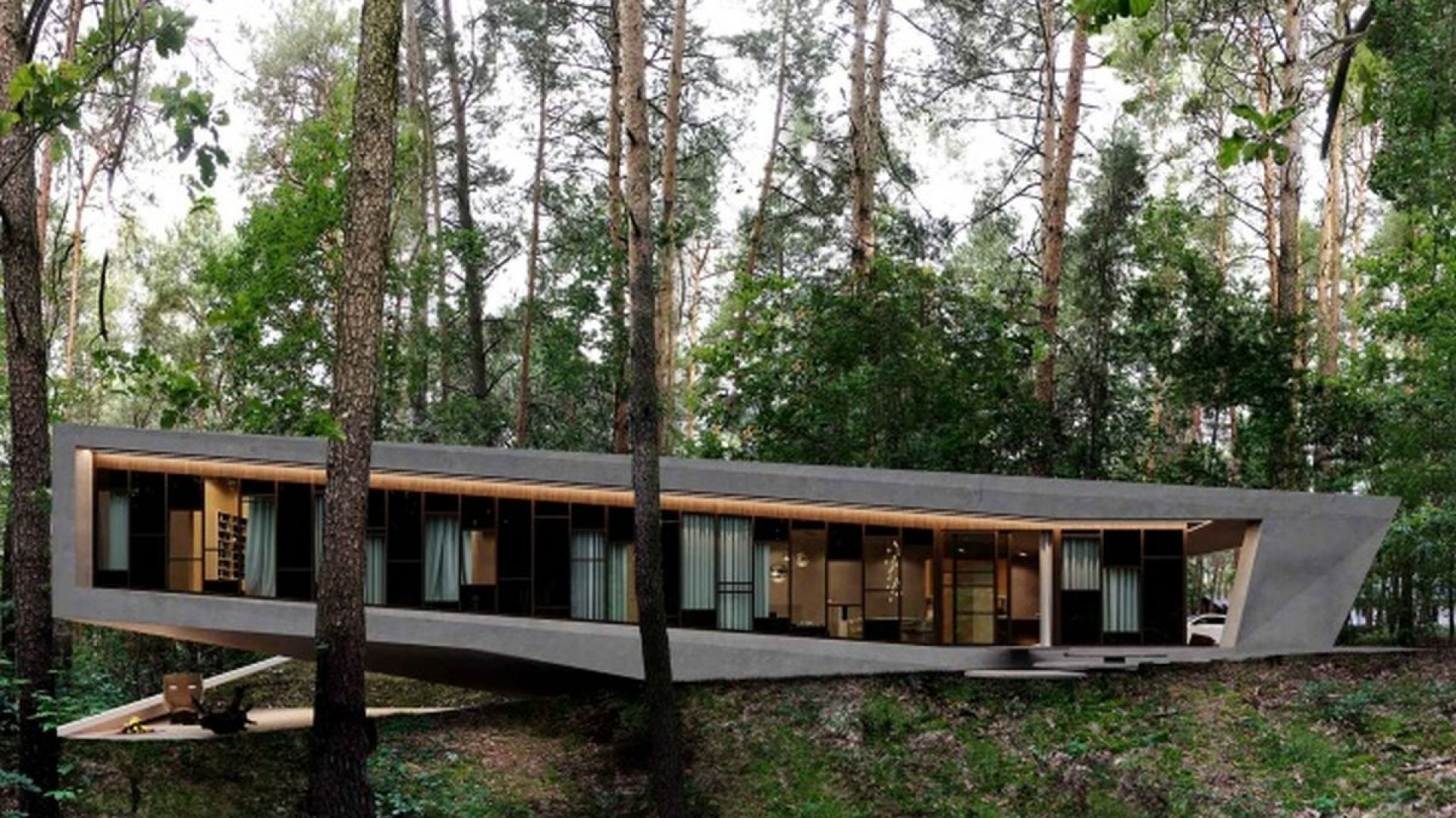 Budynek z zewnątrz sprawia wrażenie piętrowego, choć w istocie ma tylko jedną kondygnację. Projekt: Marcin Tomaszewski, pracownia REFORM Architekt