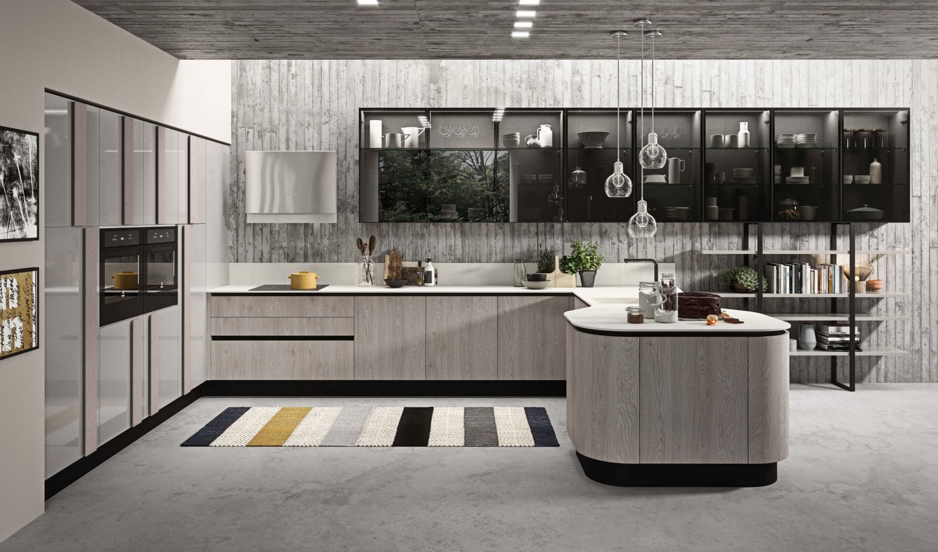 Minimalistyczny design mebli Erika zyskuje wyrazistość, dzięki wprowadzaniu elementów krzywej. Dostępne w ofercie firmy Aran Cucine. Fot. Aran Cucine