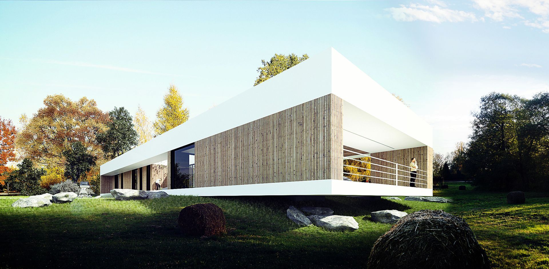 Projekt nowoczesnego domu w formie parterowego pawilonu. Dom nad Czarną Przemszą. Projekt: MUS Architects