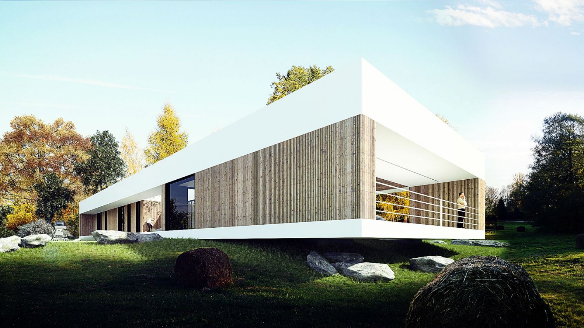 Projekt nowoczesnego domu w formie parterowego pawilonu. Dom nad Czarną Przemszą. Projekt: MUS Architects
