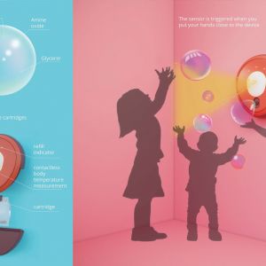 “Bubble Bump” (Alina Pshenichnikova, Rosja): To urządzenie, które automatycznie dozuje płyn dezynfekujący przypominające bańki mydlane, tak aby zachęcić dzieci do zwiększonej higieny i dezynfekcji na co dzień