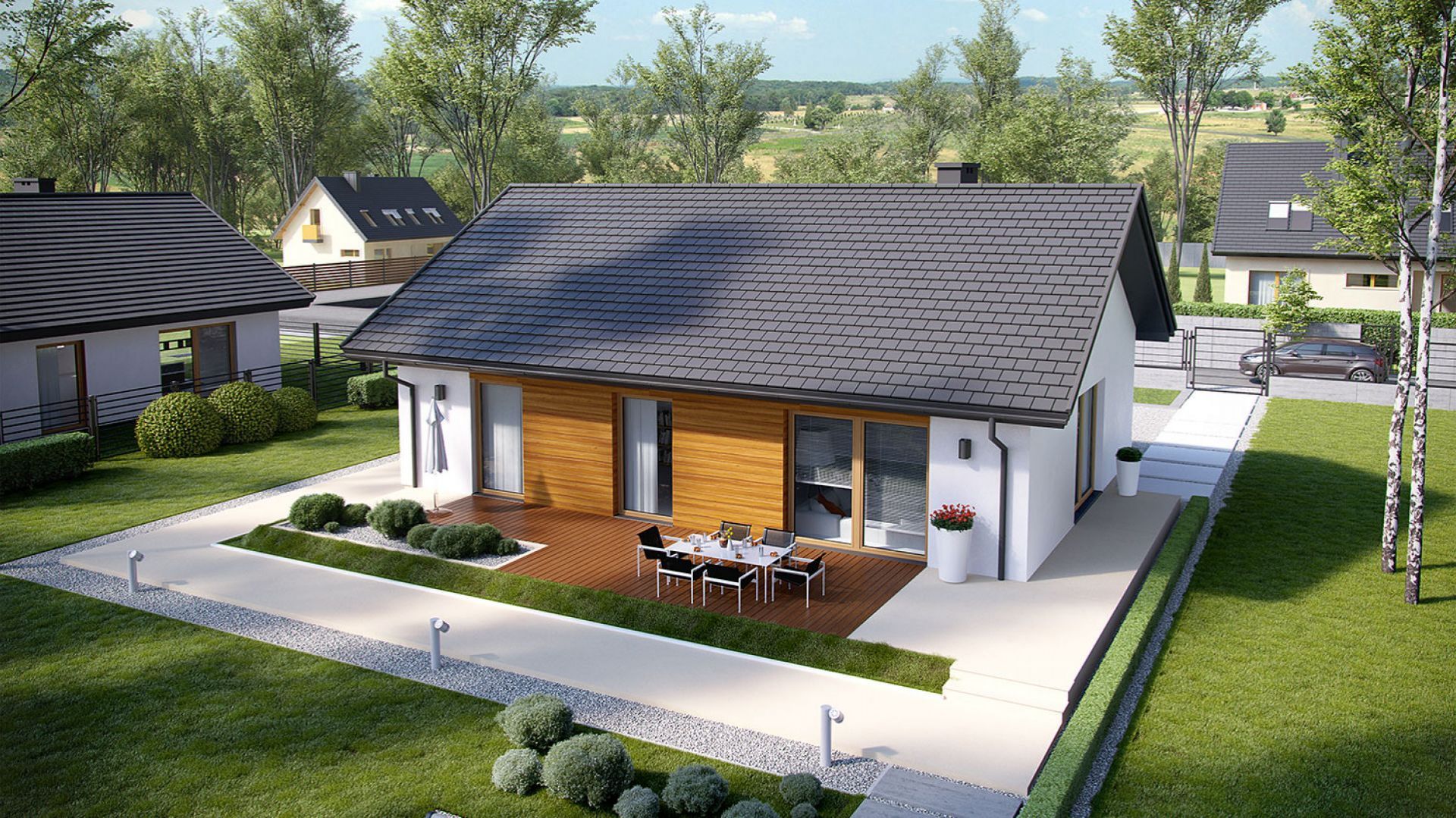 Projekt Kornel V Energo, pow. użytkowa 125.90 m², minimalne wymiary działki 20.00 x 17.60 m. Szacunkowy koszt budowy: 269 240 zł (stan deweloperski), 162 560 zł (stan surowy zamknięty). Pracownia Archipelag, fot. Archipelag
