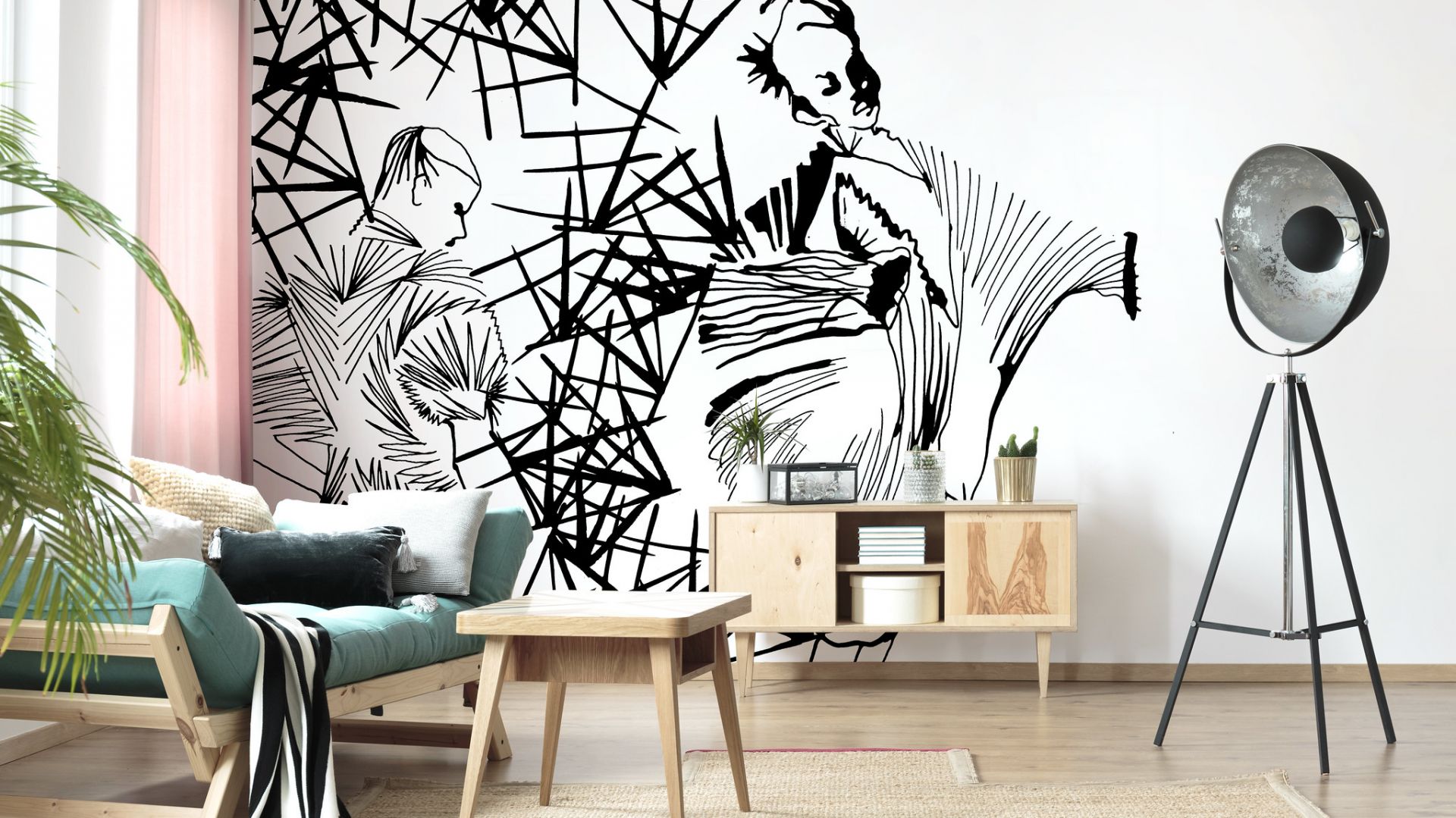 Nowoczesna tapeta inspirowana Japonią świetnie sprawdzi się na ścianie w jasnym salonie. Fot. Photowall