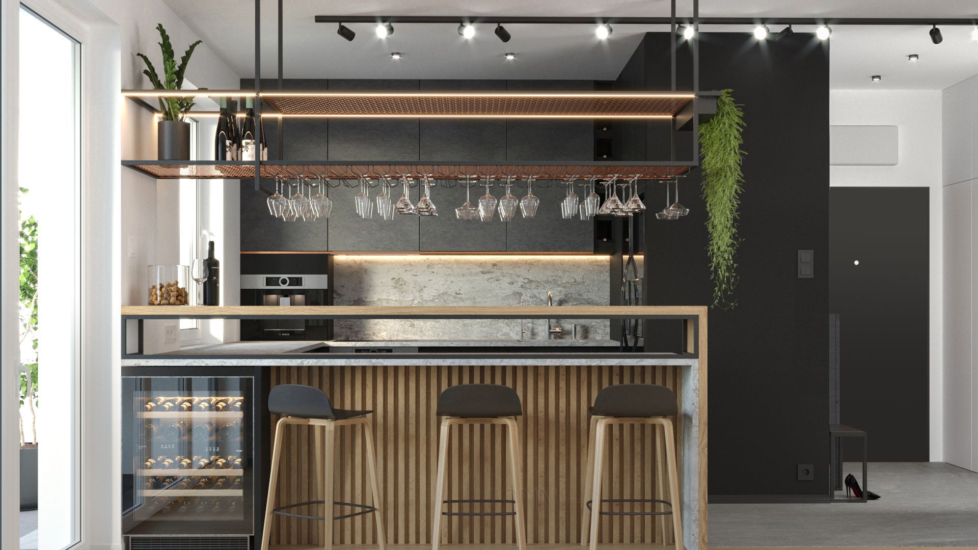 Świetna kuchnia z czarnymi matowymi frontami i drewnianymi lamelami. Projekt i wizualizacje: Agnieszka Rozmysłowicz, Viann Interior Design