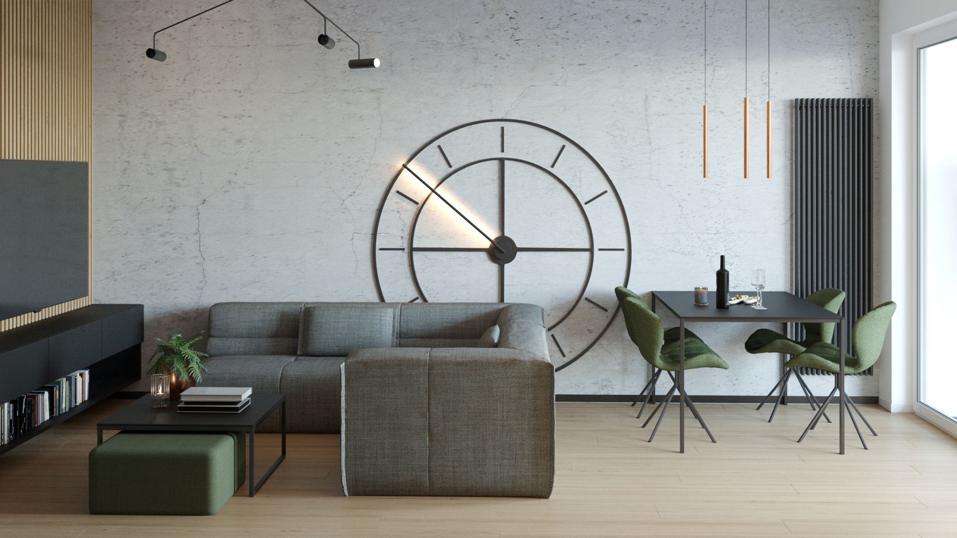 Otwarty salon z zegarem XXL. Projekt i wizualizacje: Agnieszka Rozmysłowicz, Viann Interior Design