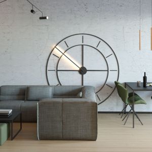 Otwarty salon z zegarem XXL. Projekt i wizualizacje: Agnieszka Rozmysłowicz, Viann Interior Design