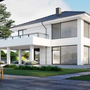 Dom jest energooszczędny z bardzo dobrze docieplonymi ścianami, stropem i podłogą. Nazwa projektu: HomeKONCEPT 64. Projekt wykonano w Pracowni HomeKONCEPT