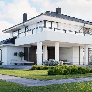 Dom doskonale wpisuje się w stylistykę współczesnych miast i miasteczek. Nazwa projektu: HomeKONCEPT 64. Projekt wykonano w Pracowni HomeKONCEPT