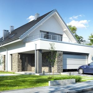 Dom ma prostą bryłę przykrytą dwuspadowym dachem, z wystającą nieco poza główną bryłę parterową częścią garażu. Projekt: arch. Michał Gąsiorowski. Fot. MG Projekt