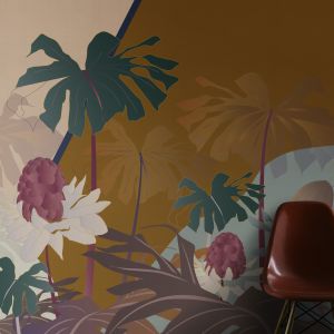 „Oasi” to zmyślne i zrównoważone połączenie figur geometrycznych i botanicznych elementów, takich jak dużych rozmiarów owoców maliny i spektakularnych palm tropikalnych, wzbogaconych jedwabnym haftem połączonym z kolorowymi paskami i wypukłymi złotymi detalami. Fot. Mood-Design