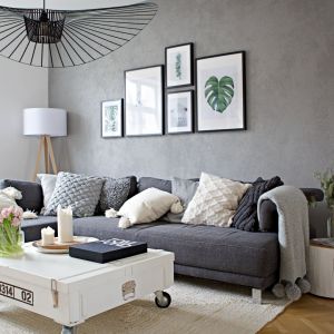 Ścianę za kanapą wykończono ciemną, szarą farbą z połyskiem imitującą beton. Projekt i zdjęcia: SHOKO design