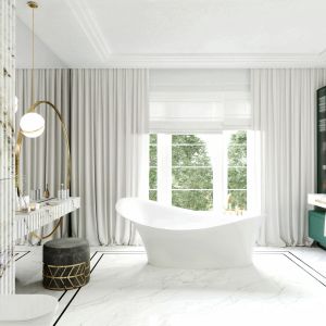 Elegancki charakter łazienki podkreśla stylowa wanna. Projekt Tissu Architecture
