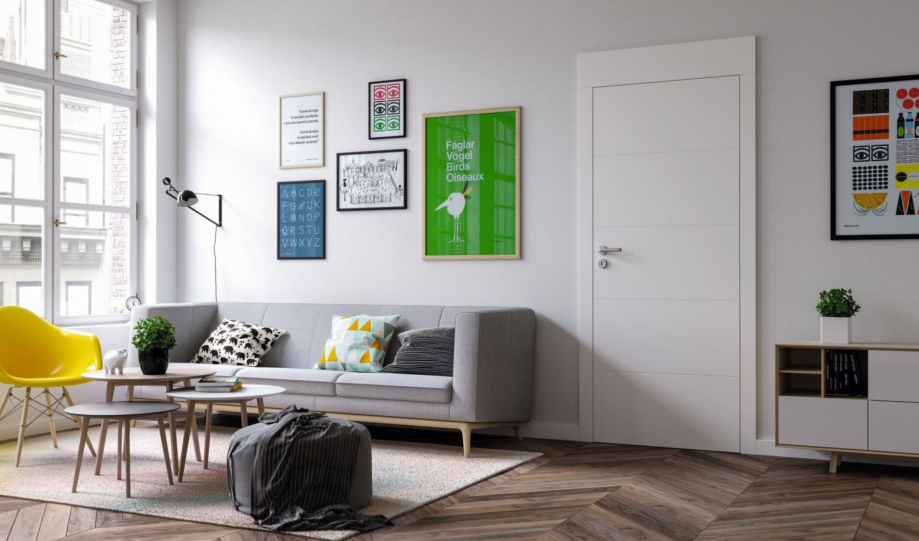 Biały kolor powierzchni drzwi Vector z kolekcji Premium E to doskonała propozycja dla tych, którzy mają mały salon.Fot. Porta KMI Poland