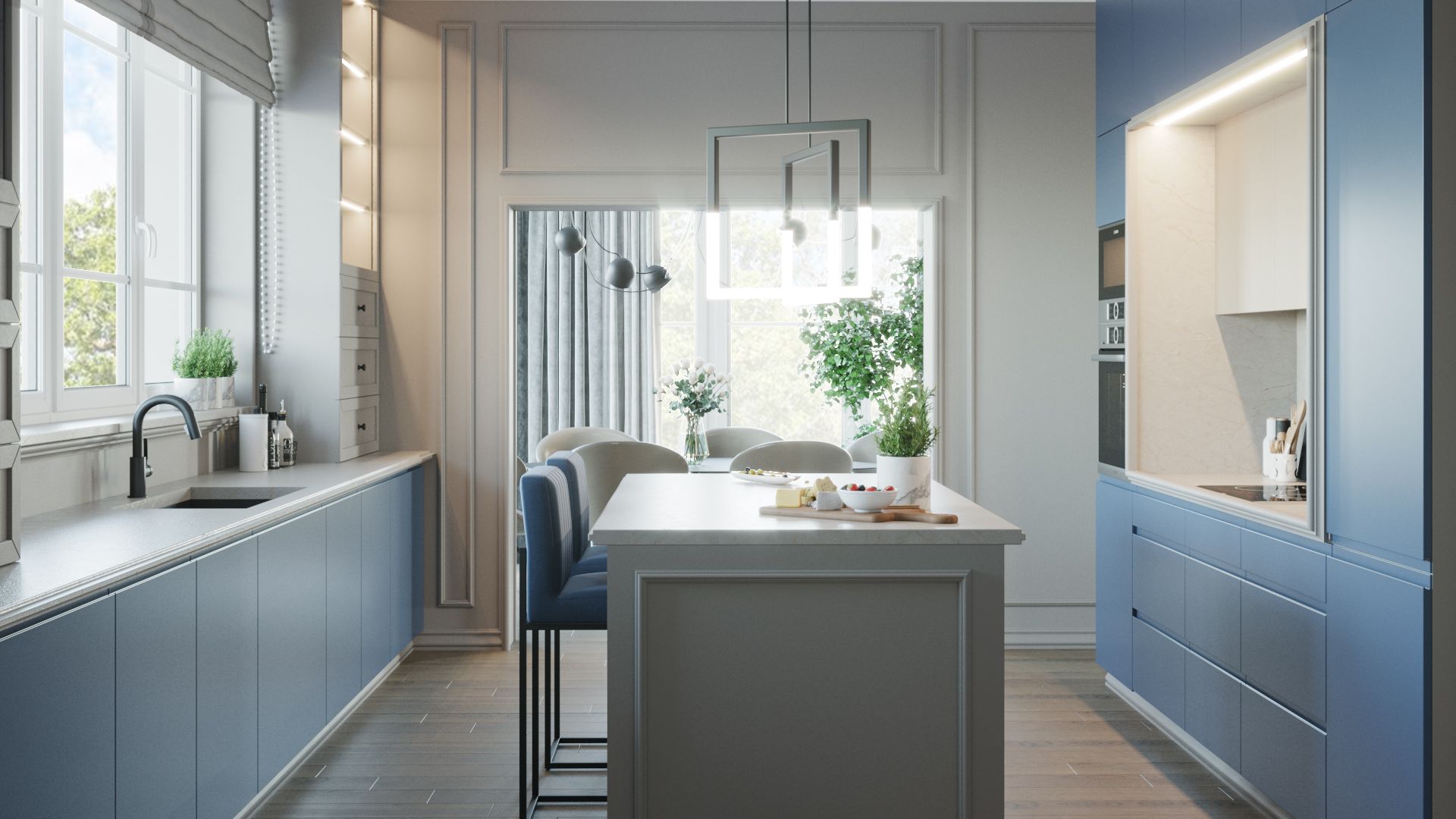 Wysoka zabudowa w kuchni została dodatkowo udekorowana sztukateryjną ramą. Projekt i wizualizacje: Agnieszka Rozmysłowicz, Viann Interior Design