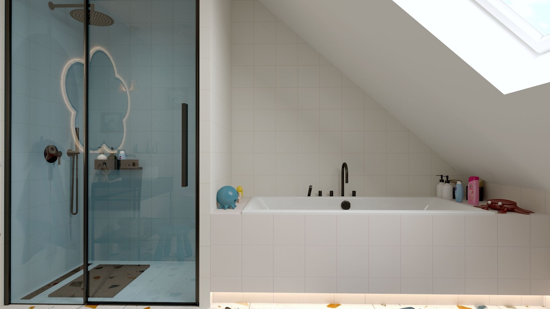 Głównym założeniem projektu było zlokalizowanie w łazience zarówno wanny, jak i kabiny prysznicowej. Projekt i zdjęcia: ATOM Projekty Wnętrz