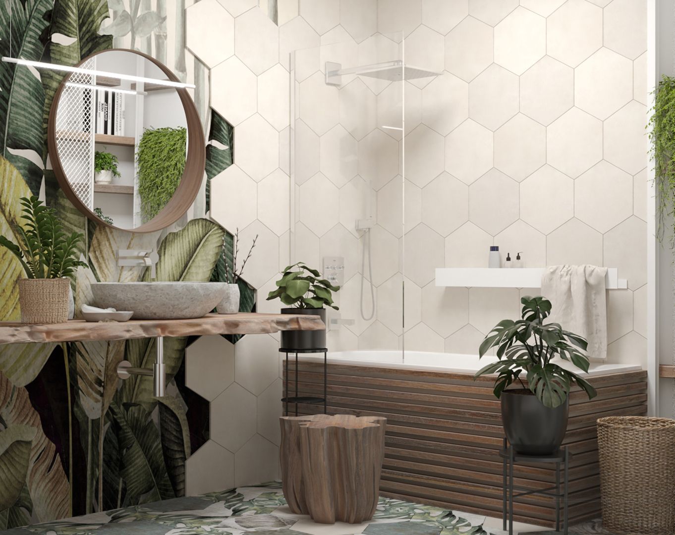 Heksagonalne płytki sąsiaduje w tej łazience z odporną na wilgoć tapetą w botanicznym stylu. Projekt i wizualizacje: Agnieszka Rozmysłowicz, Viann Interior Design