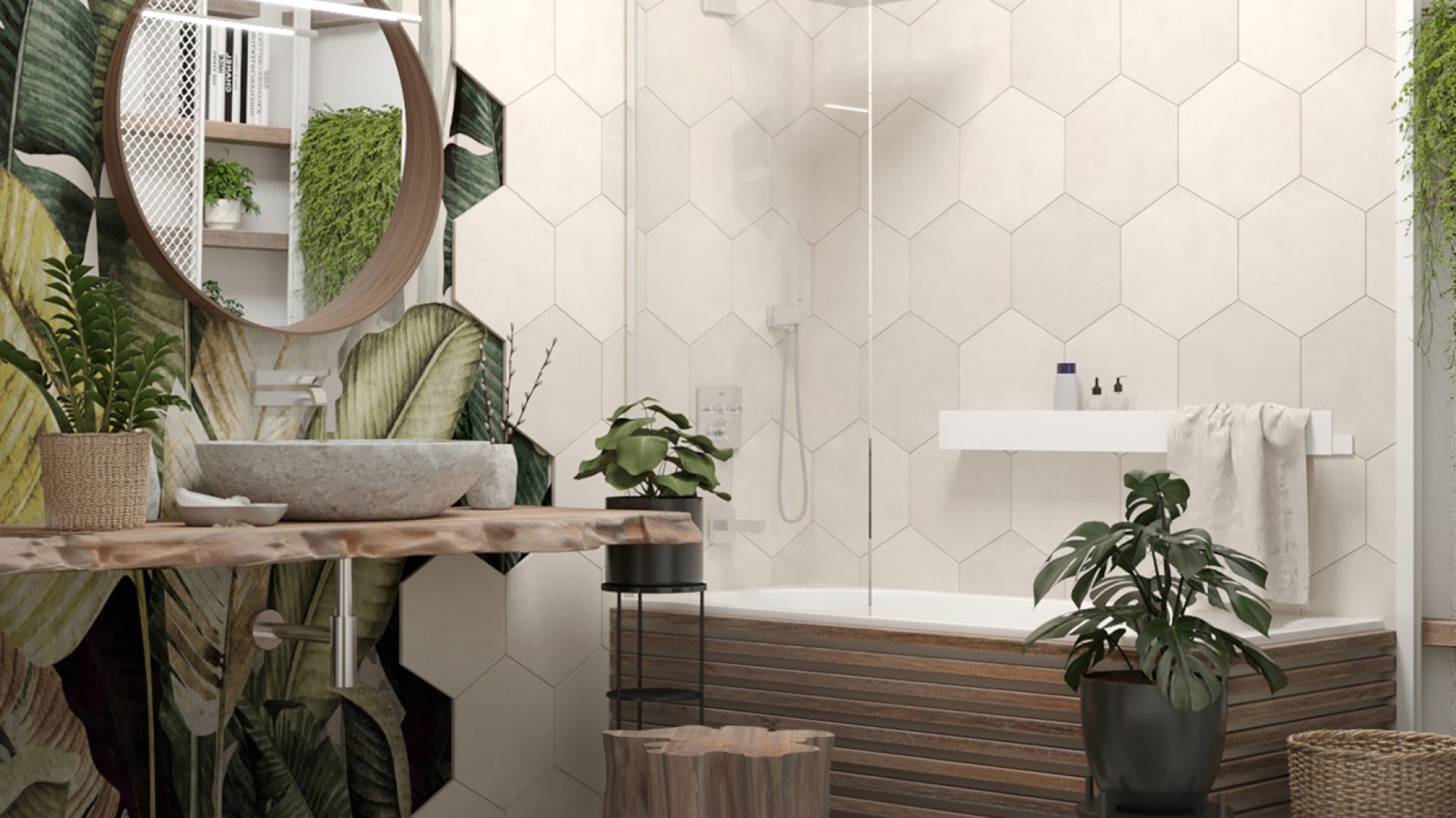 Heksagonalne płytki sąsiaduje w tej łazience z odporną na wilgoć tapetą w botanicznym stylu. Projekt i wizualizacje: Agnieszka Rozmysłowicz, Viann Interior Design