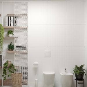 Regał na książki w łazience to pomysł stworzony specjalnie pod potrzeby inwestorki. Projekt i wizualizacje: Agnieszka Rozmysłowicz, Viann Interior Design