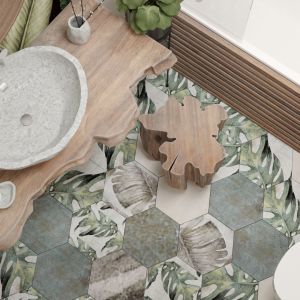 Na podłodze znalazł się miks hensagonalnych płytek. Projekt i wizualizacje: Agnieszka Rozmysłowicz, Viann Interior Design